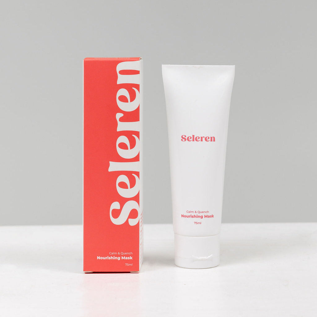 Seleren Calm and Quench Nourishing Mask  packaging including a watermelon pink box and white tube on a gray background