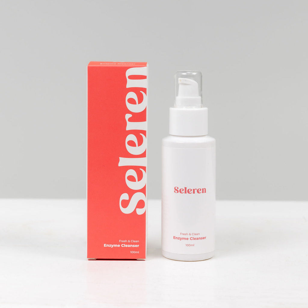 White Skincare cleanser bottle and watermelon pink product box with 'Seleren' branding on a white background