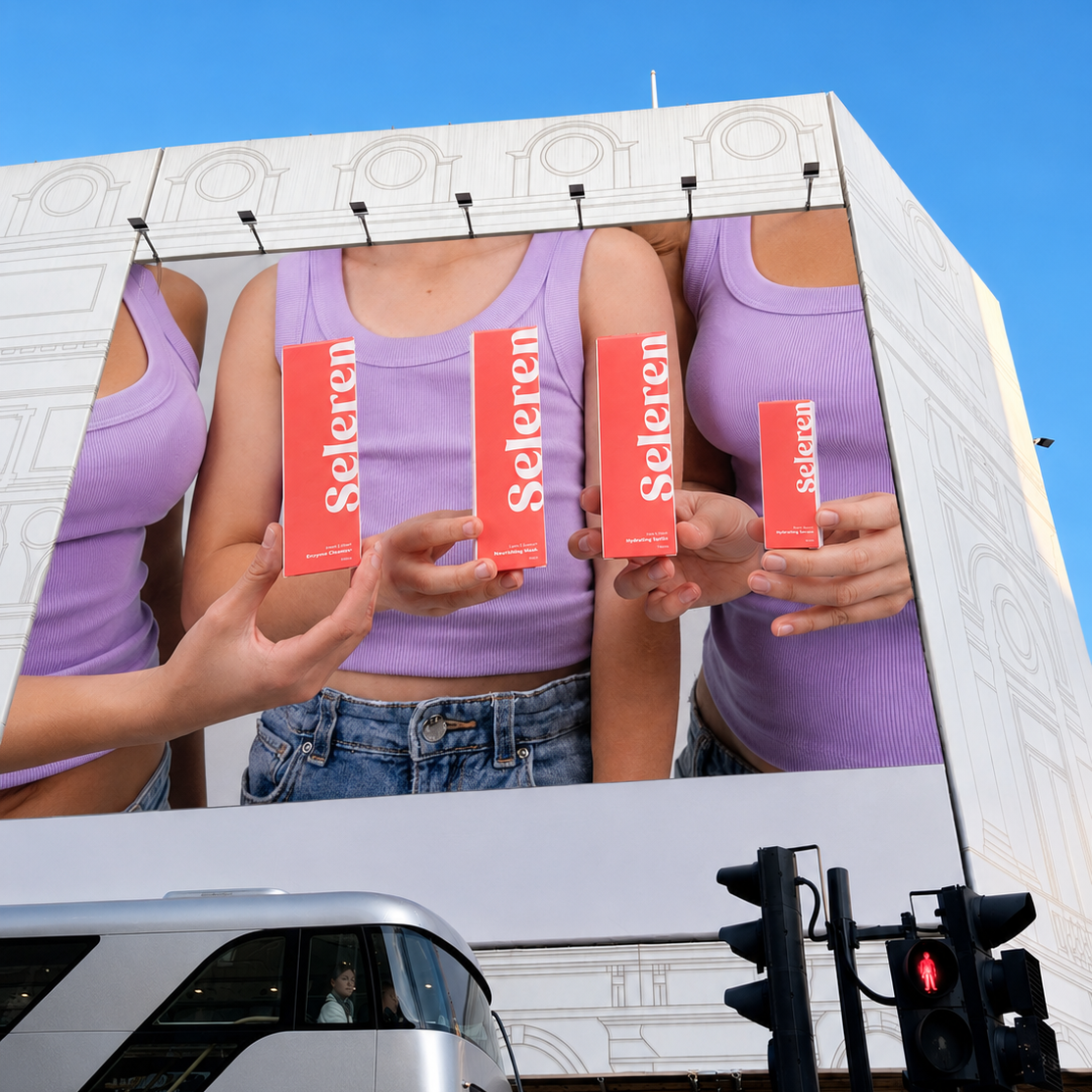Large billboard showing people holding 'Seleren' products with a clear blue sky.