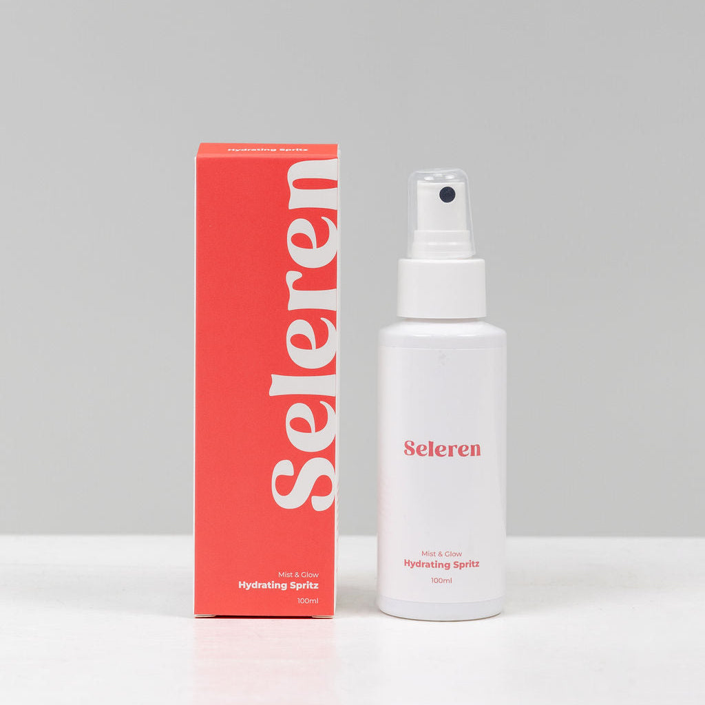 Seleren Mist & Glow Hydrating Spritz spray bottle and packaging on a neutral background